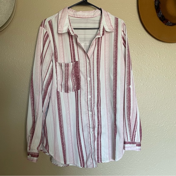 Women’s Classic Fit Pink and White Striped Button Down Shirt - Picture 1 of 10